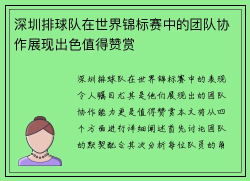 深圳排球队在世界锦标赛中的团队协作展现出色值得赞赏